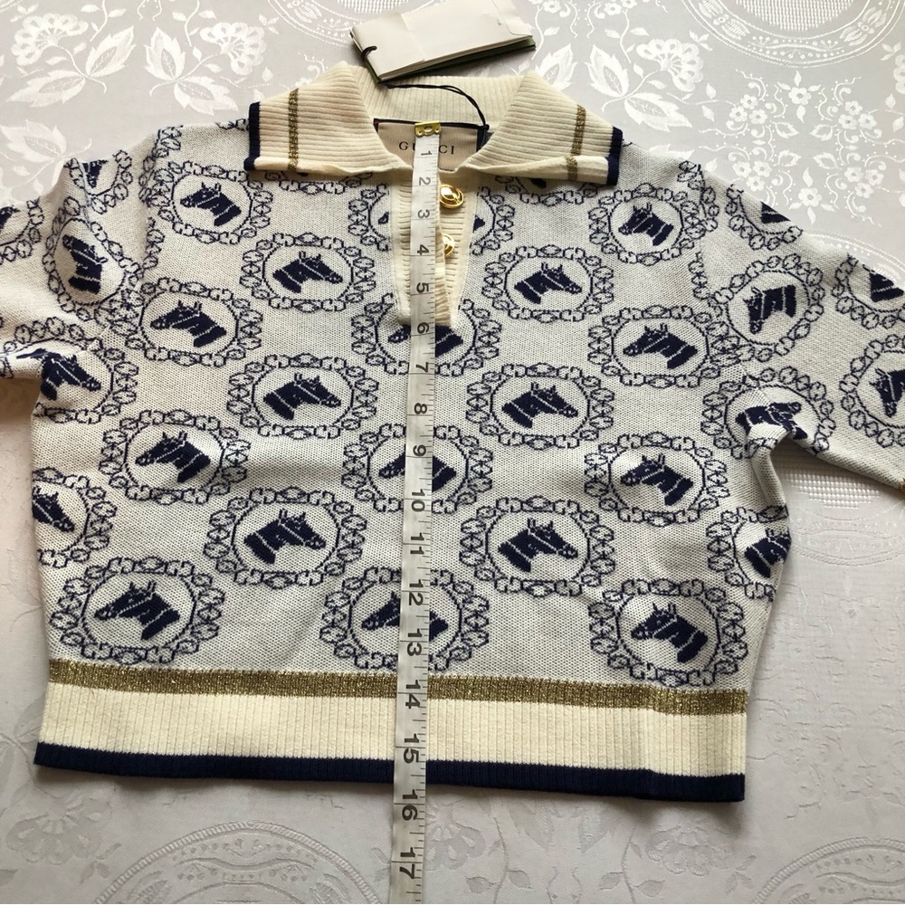 Gucci Equestrian Jacquard Polo Short Sleeves Sweater Cream/Navy Women's Size XS - Picture 13 of 16